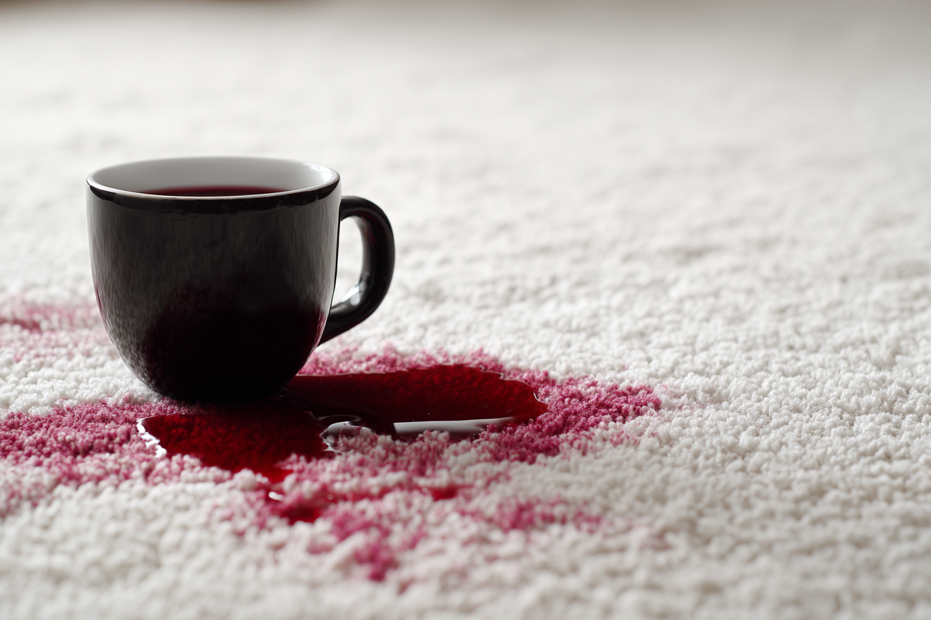 Vinho/café derramado sobre carpete claro
