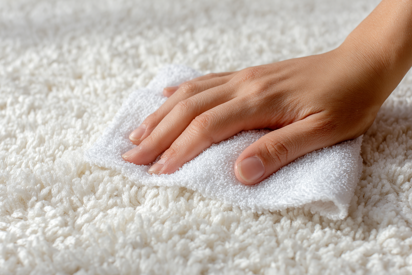 Mão pressionando toalha branca no carpete